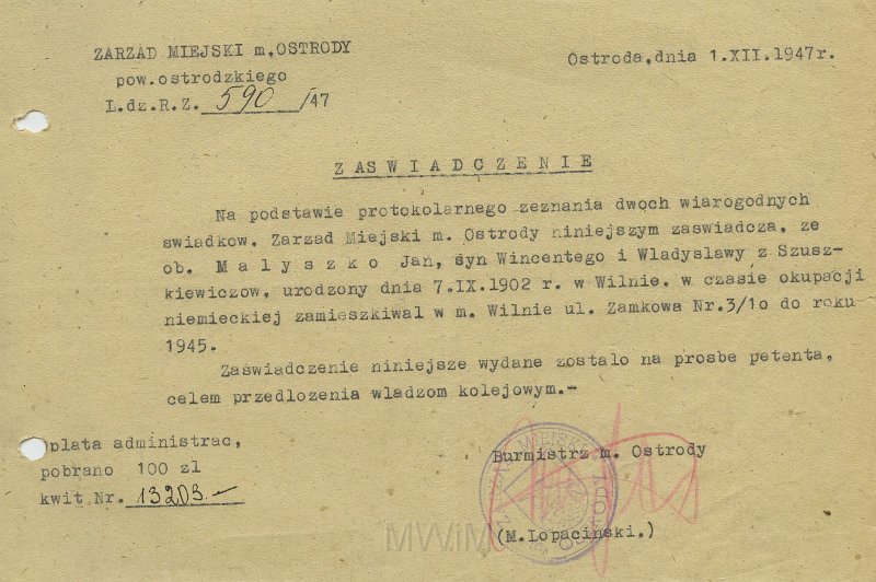 KKE 5558.jpg - Dok. Zaświadczenie z Zarządu Miejskiego Miasta Ostródy potwierdzające obywatelstwo i miejsce zamieszkania Jana Małyszko w czasach przedwojennych, Ostróda, 1 XII 1947 r.